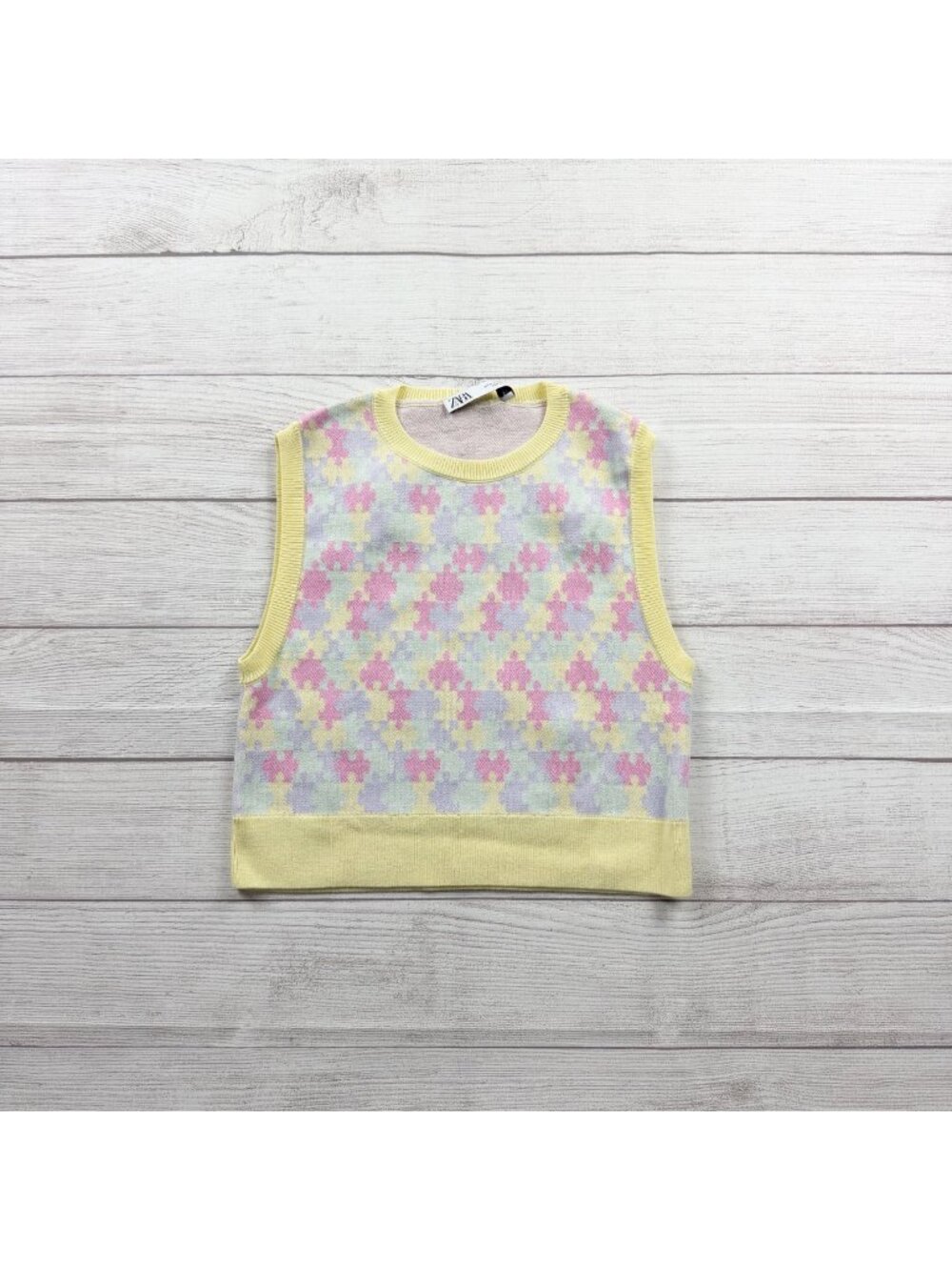 Zara Girls Sweater Vest Pastel Knit Sleeveless Pullover Yellow Trim M - Picture 1 of 4